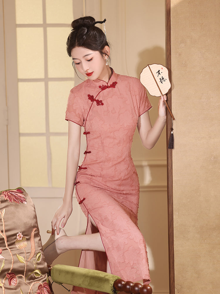 Elegant Pink Floral Cheongsam Dress