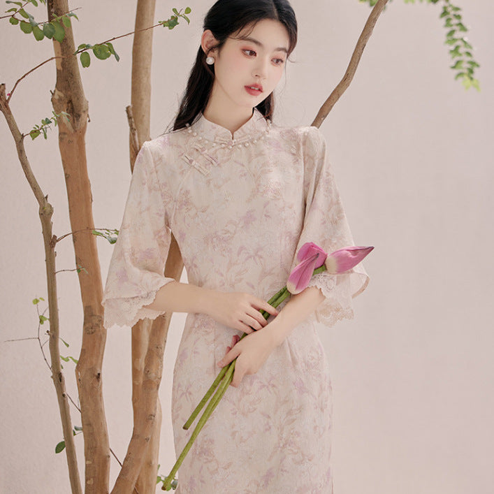 中国蓝花卉夏春旗袍连衣裙