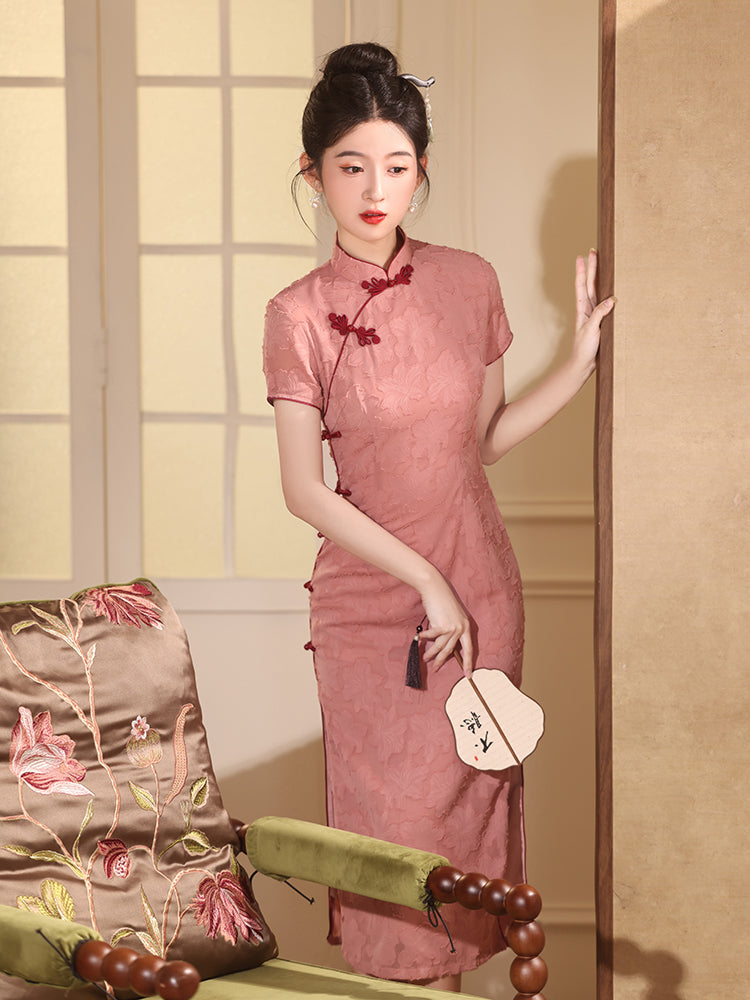Elegant Pink Floral Cheongsam Dress