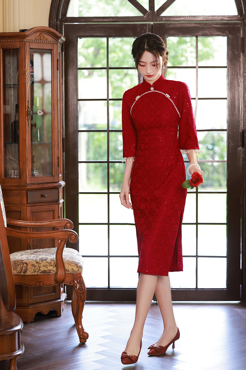 Elegant Red Lace Wedding Cheongsam Dress