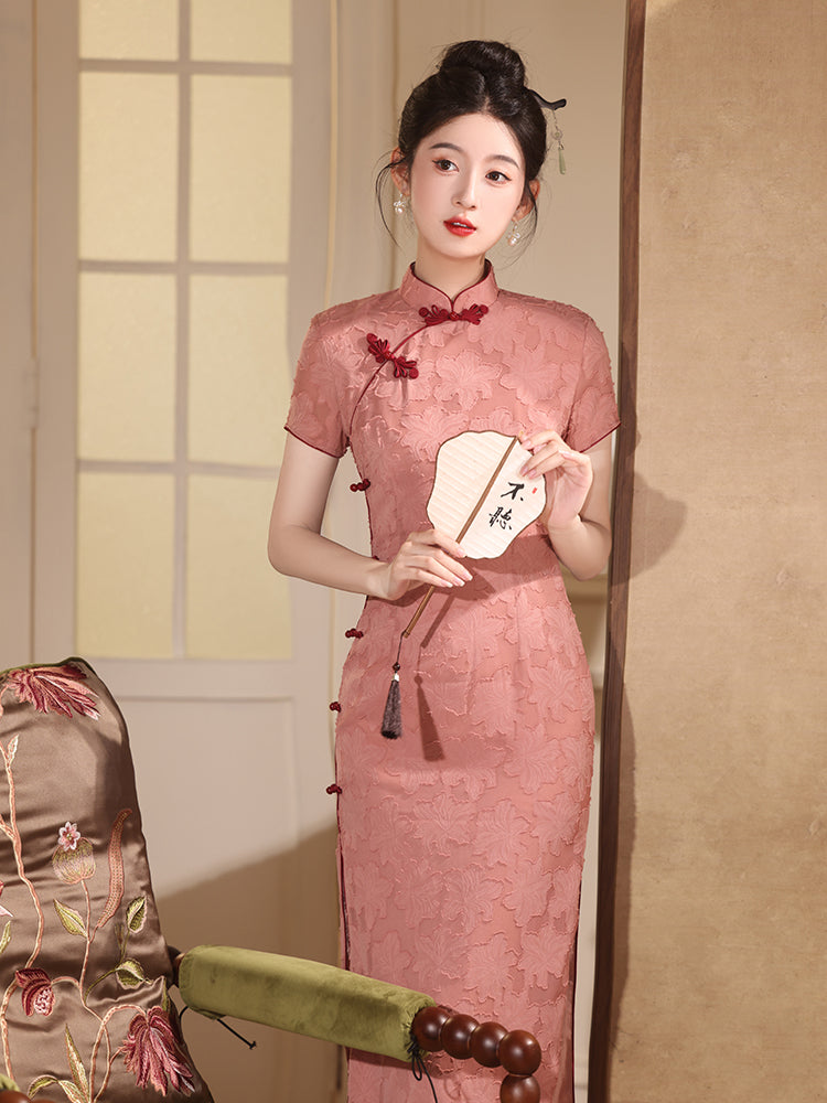 Elegant Pink Floral Cheongsam Dress