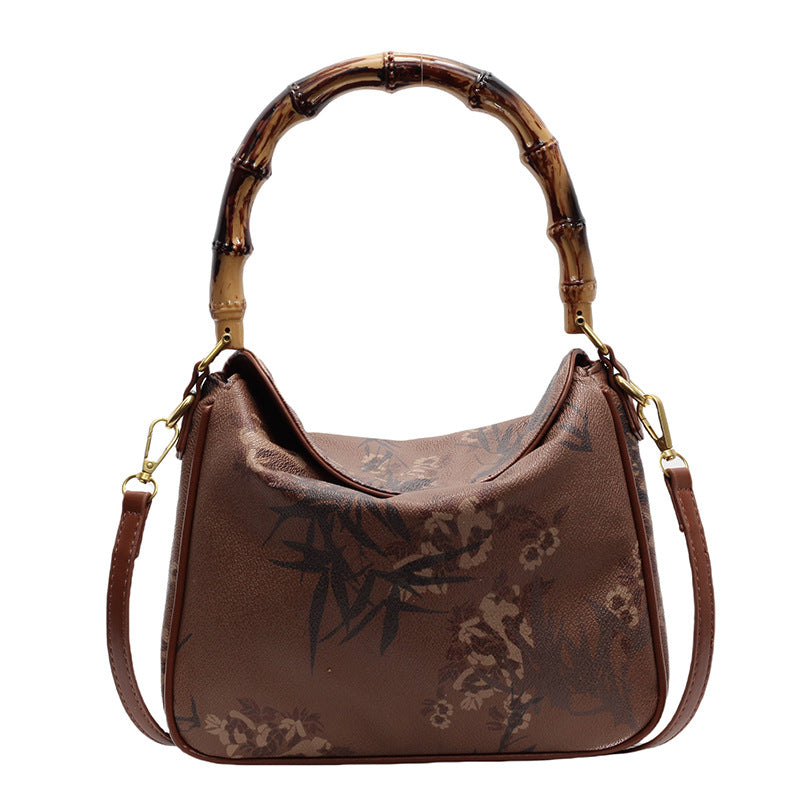 Vintage Bamboo Handle Floral Leather Bag For Hanfu Style