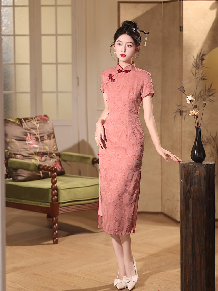 Elegant Pink Floral Cheongsam Dress
