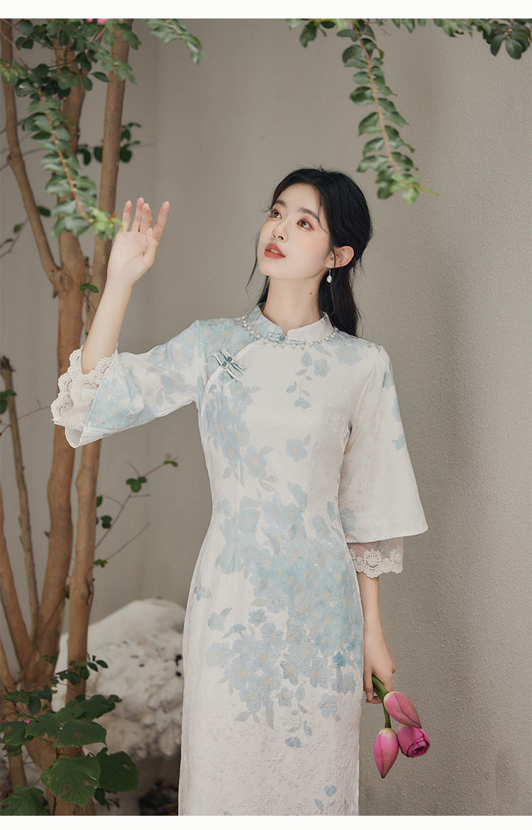 中国蓝花卉夏春旗袍连衣裙