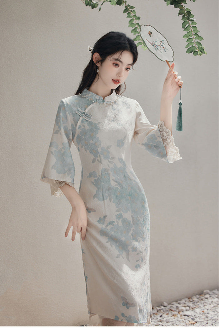 中国蓝花卉夏春旗袍连衣裙