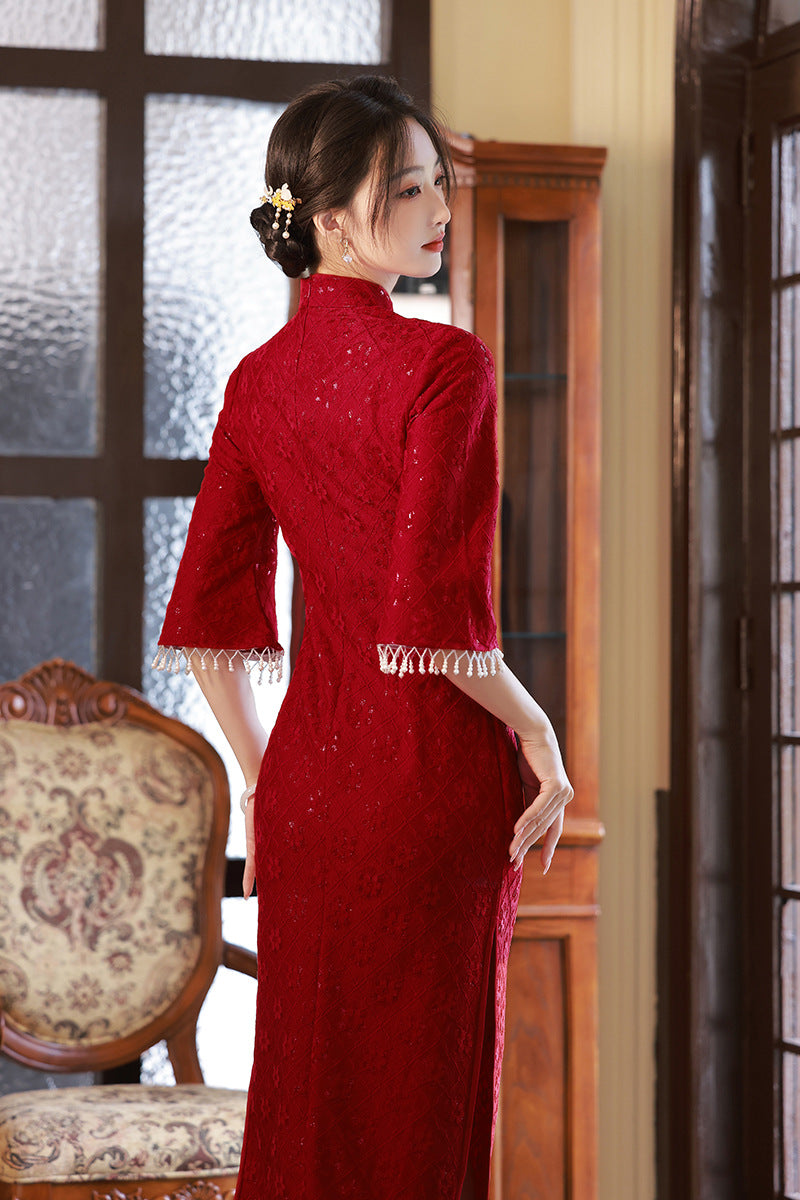 Elegant Red Lace Wedding Cheongsam Dress