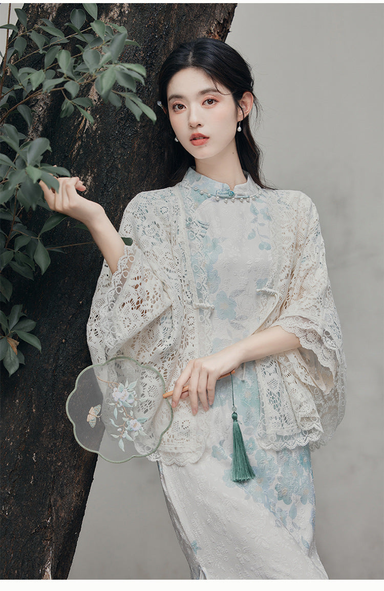 中国蓝花卉夏春旗袍连衣裙
