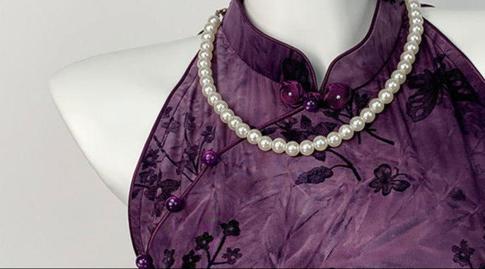 Modern Purple Fishtail Halter Qipao | Sleeveless Cheongsam Summer Dress