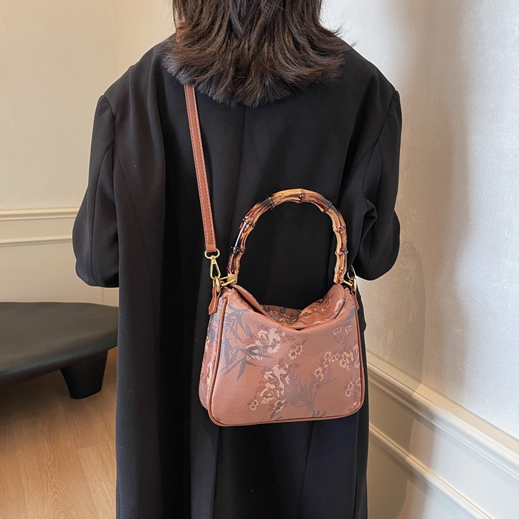 Vintage Bamboo Handle Floral Leather Bag For Hanfu Style