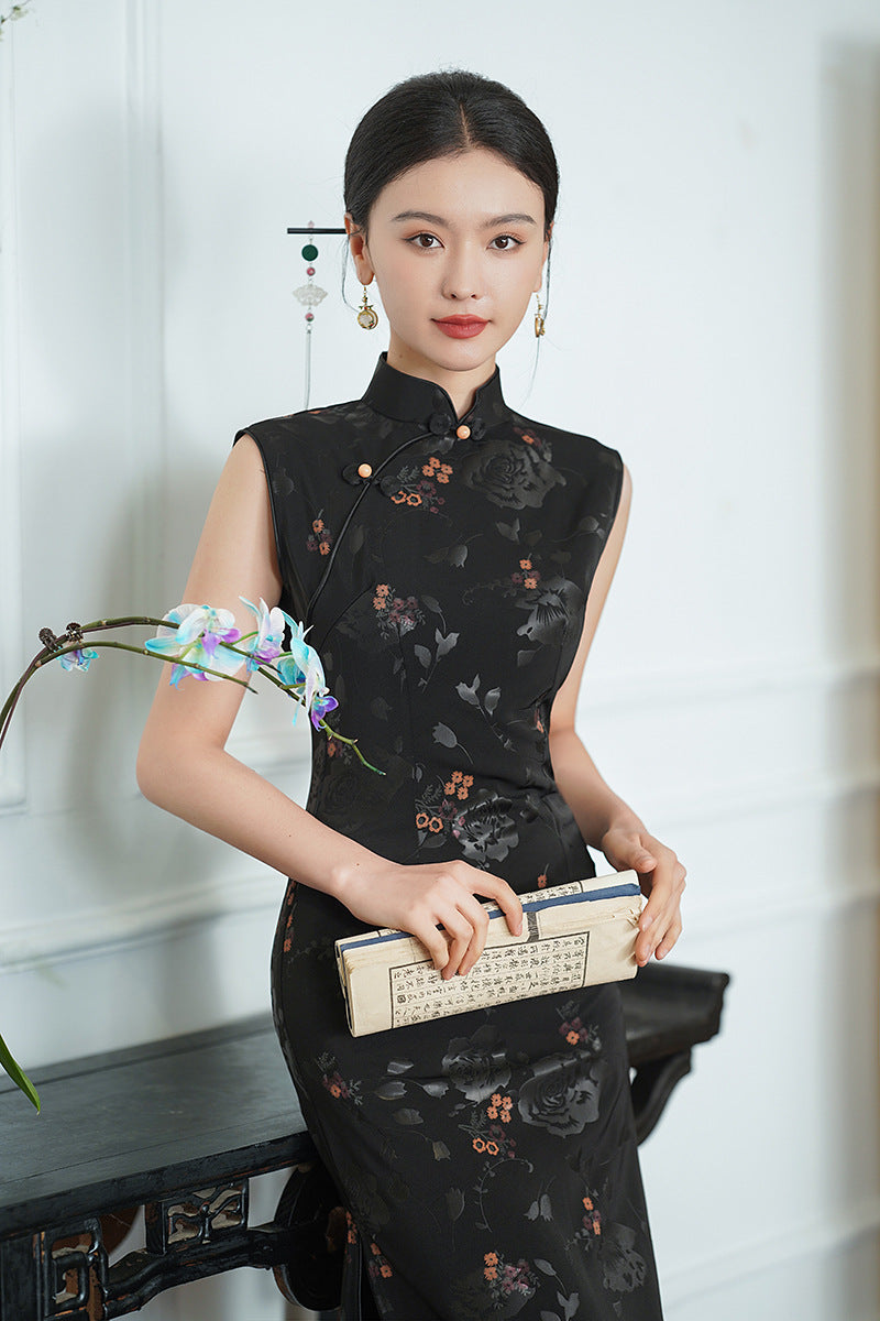 Elegant Black Cheongsam with Floral Patterns