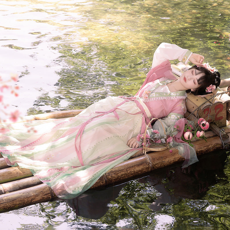Elegant Tang Dynasty Hanfu Dress with Embroidered Floral Details and Flowing Sleeves