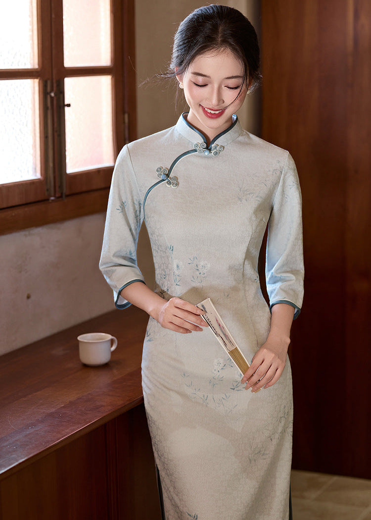 Ice-Blue Jacquard Qipao | 3/4 Sleeve Slim Long Dress