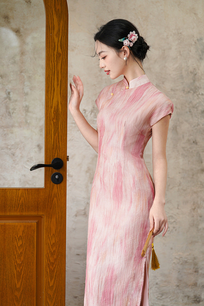Half-Overlap Long Qipao | Cap-Sleeve Slim Mandarin Dress
