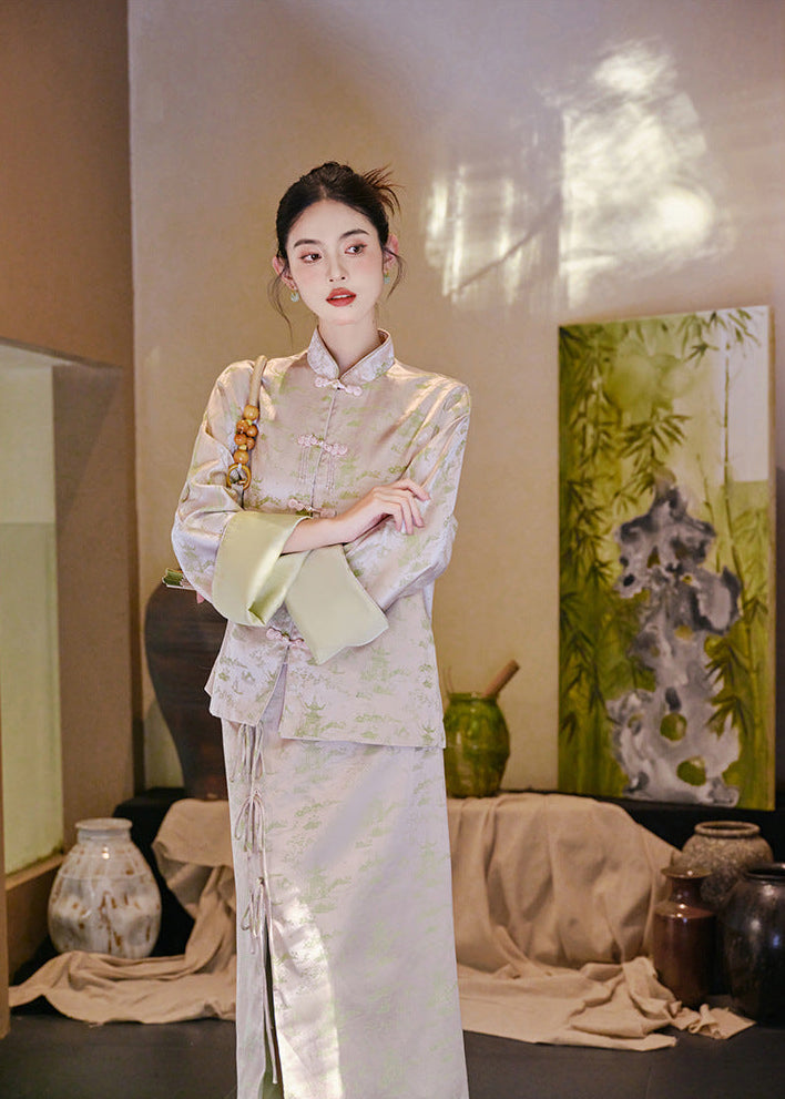 New-Chinese Zen Set | Mandarin Top & Slit Skirt Qipao Co-ord