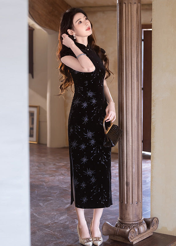 Black Stretch Long Qipao | Modern Mandarin Slim Evening Gown