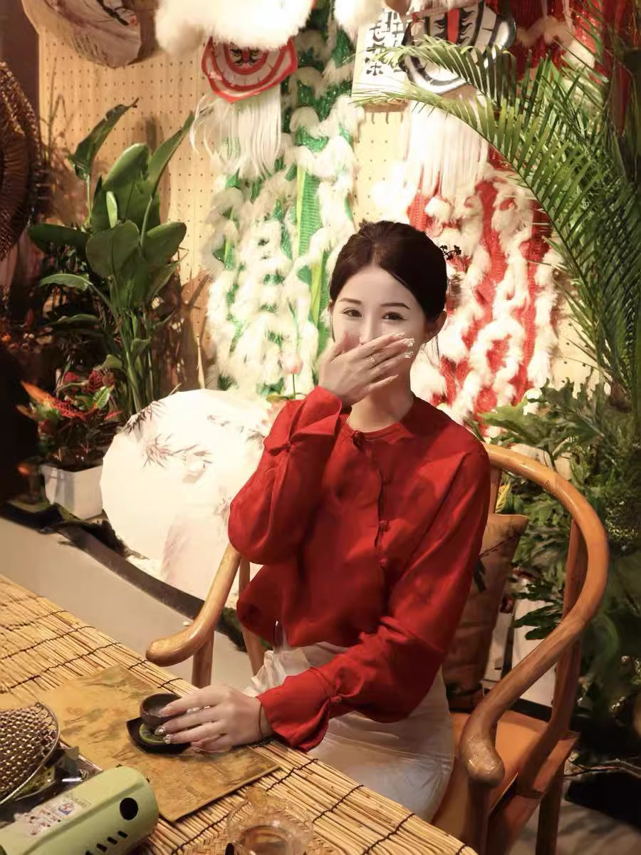 Red Blouse and White Skirt Modern Chinese Fashion Set for Wedding