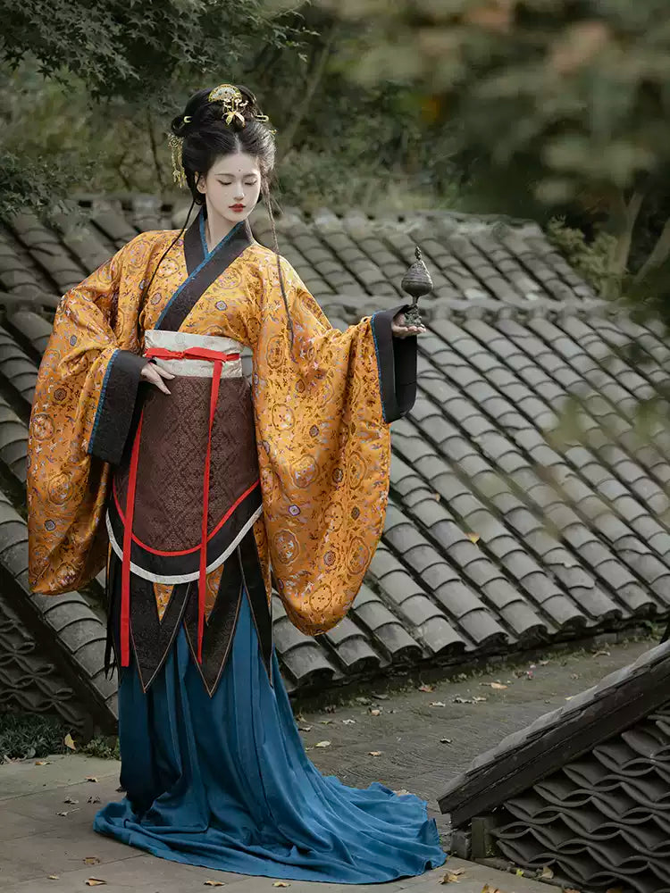 Traditional Hanfu Robe with Red and Blue Accent Belt - Elegant Chinese Ancient Costume
