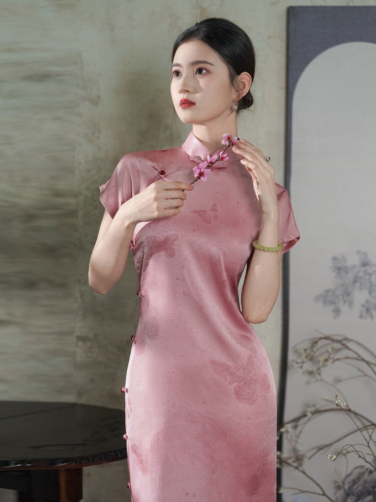Pink Full-Front Long Qipao | Traditional Design Elegant Women’s Style