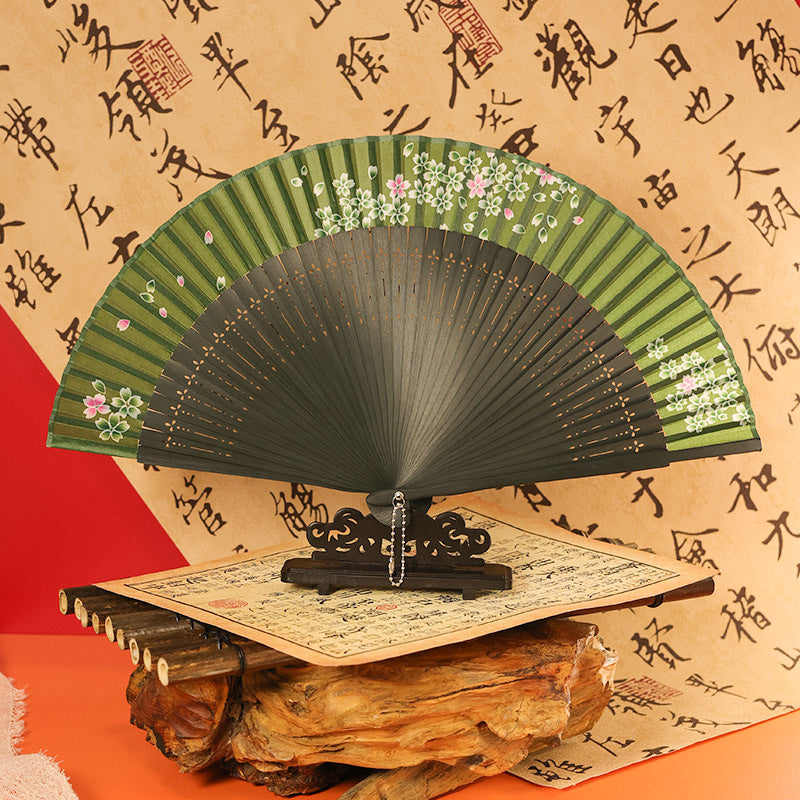优雅的花卉图案绿扇 – 传统手扇,非常适合汉服