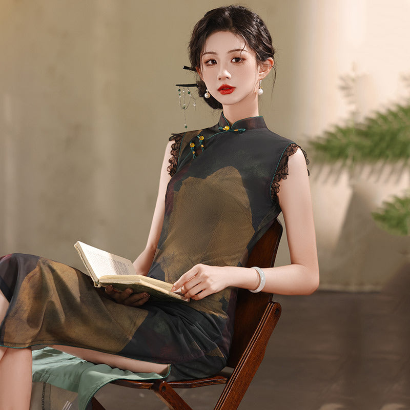 Elegant Ink-Style Cheongsam Dress | Classic Chinese Design