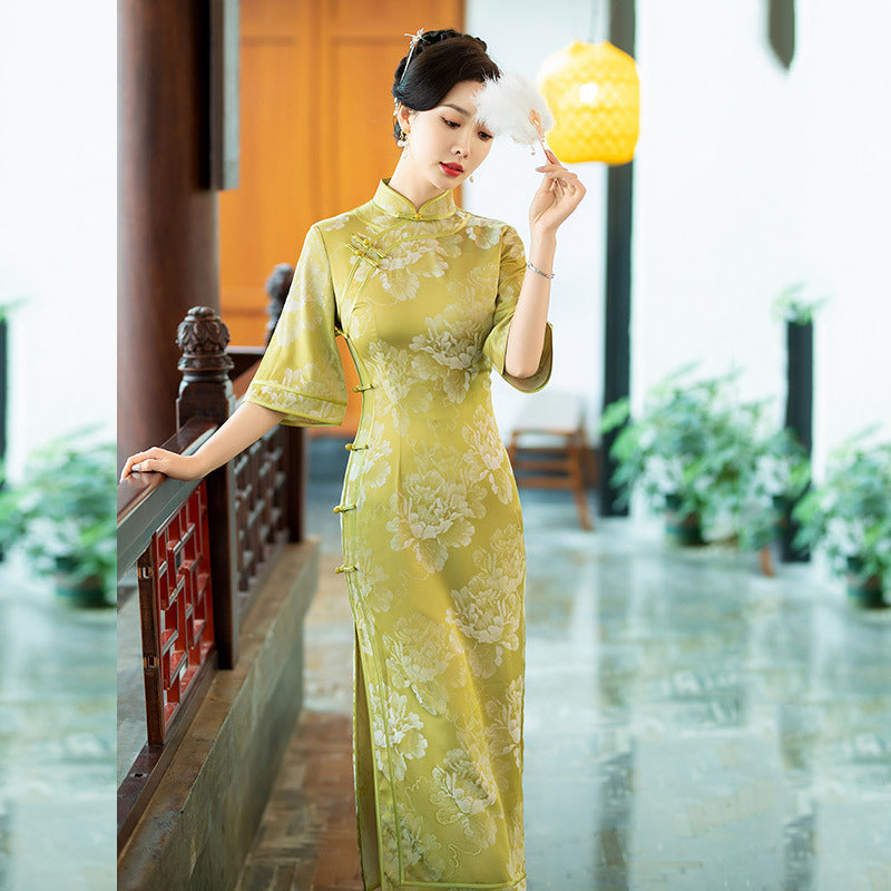 Vintage Jacquard Qipao Chinese Slim Hanfu Dress | Elegant Banquet Gown