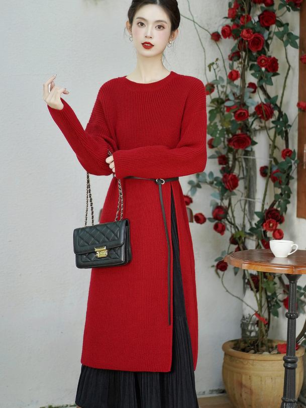 Elegant Red Knit Hanfu Sweater Dress with Belt – Vintage-Inspired Traditional Wear