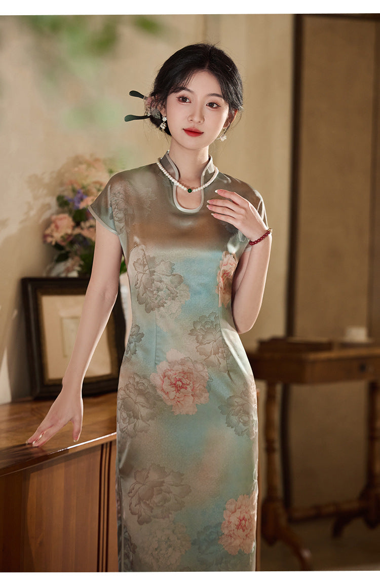 优雅花卉刺绣旗袍复古真丝女式旗袍连衣裙