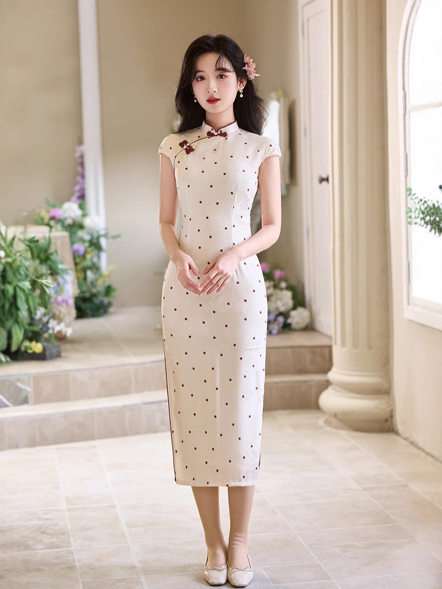 Polka-Dot Modern Qipao | Ivory with Burgundy Dots