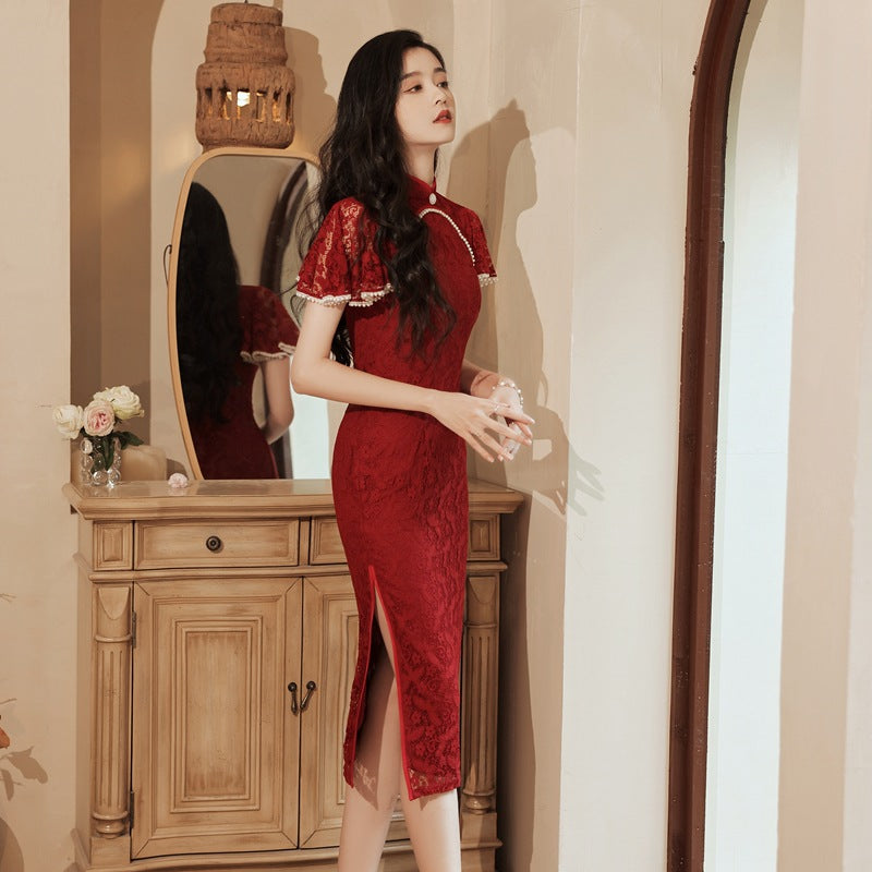 Elegant Red Lace Wedding Cheongsam Dress