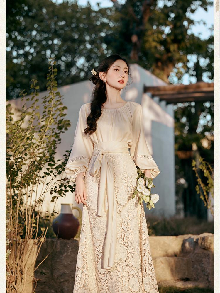 Lace Long Sleeve Dress with Belt, Elegant Women’s Floral Dress