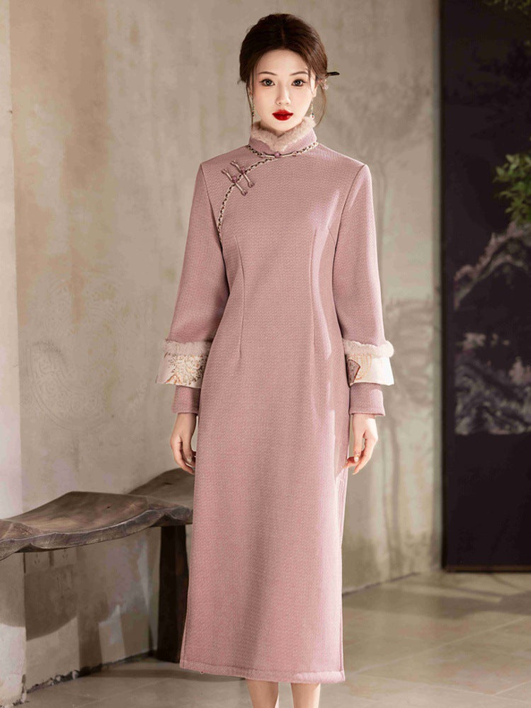 Vintage Chenille Long Sleeve Qipao Dress Winter Warm Midi Cheongsam Hanfu Style