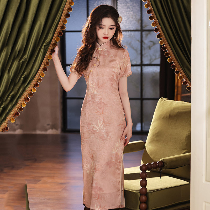 Elegant Pink Bamboo Pattern Cheongsam - Short-Sleeve Chinese Dress