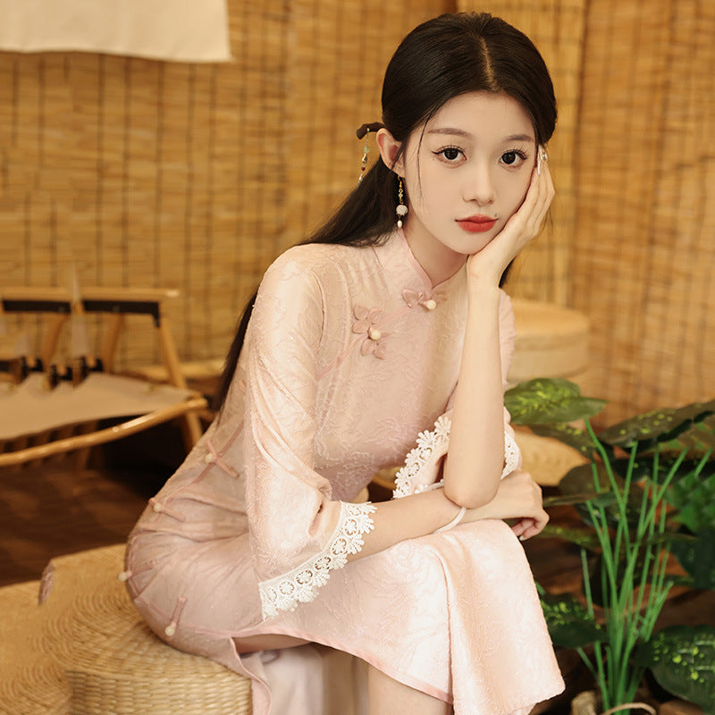 Elegant Pink Qipao Dress with Lace Detailing and Floral Embroidery