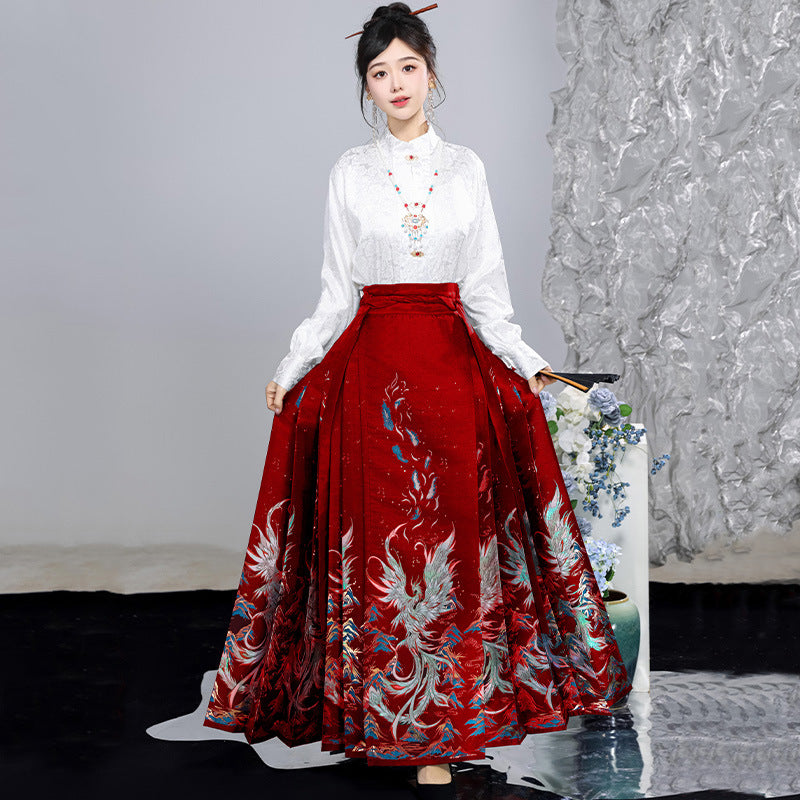 Elegant Phoenix Embroidered Hanfu Skirt Set– Traditional High-Waist Flowing Maxi