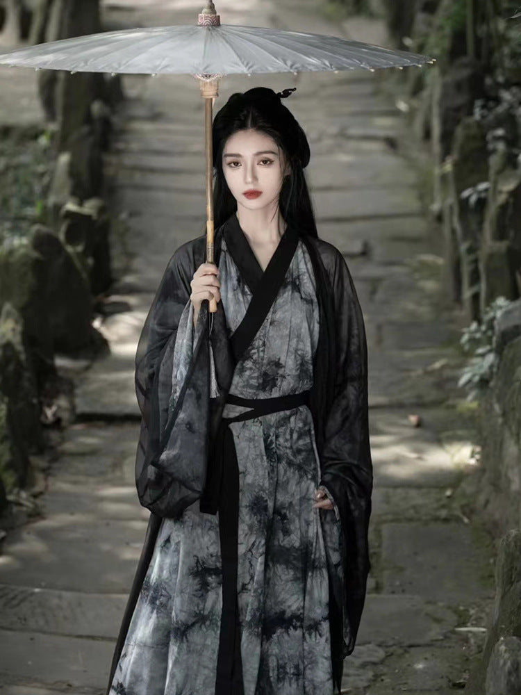 Black Ink Hanfu Robe Set Women’s Wuxia Style Ancient Costume With Flowing Sleeves