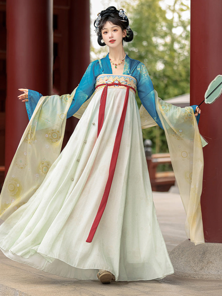 Traditional Chinese Hanfu Dress with Flowing Sleeves and Elegant Detailing