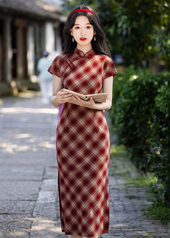 Vintage Red Plaid Qipao | Slim Mandarin Collar Maxi Dress