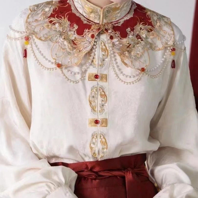 Spring Modern Chinese Bridal Dress | Embroidered Mandarin Top & Mamianqun Set