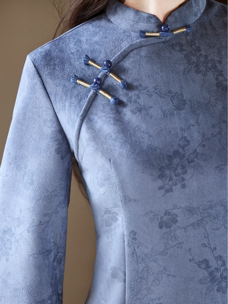 Jacquard Qipao | Mandarin Collar 3/4 Sleeve Midi Dress