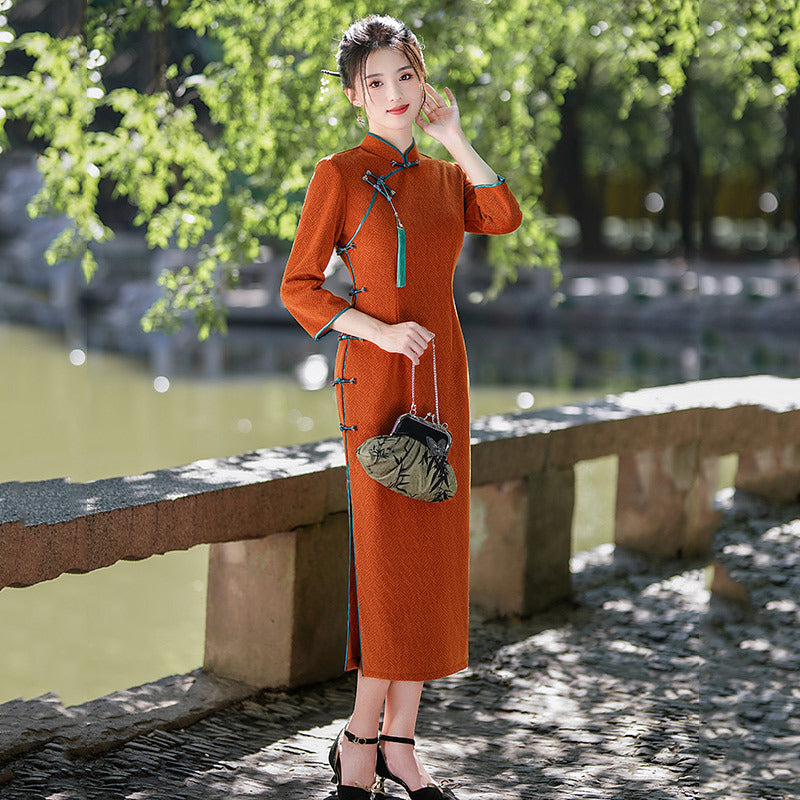 Elegant Red Chinese Style Dress with Floral Embroidery and Tassel Details
