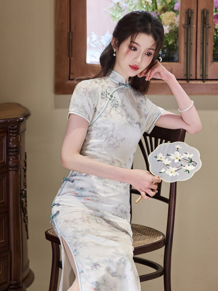 Ivory Jacquard Qipao | Mandarin Collar Slim Midi Dress
