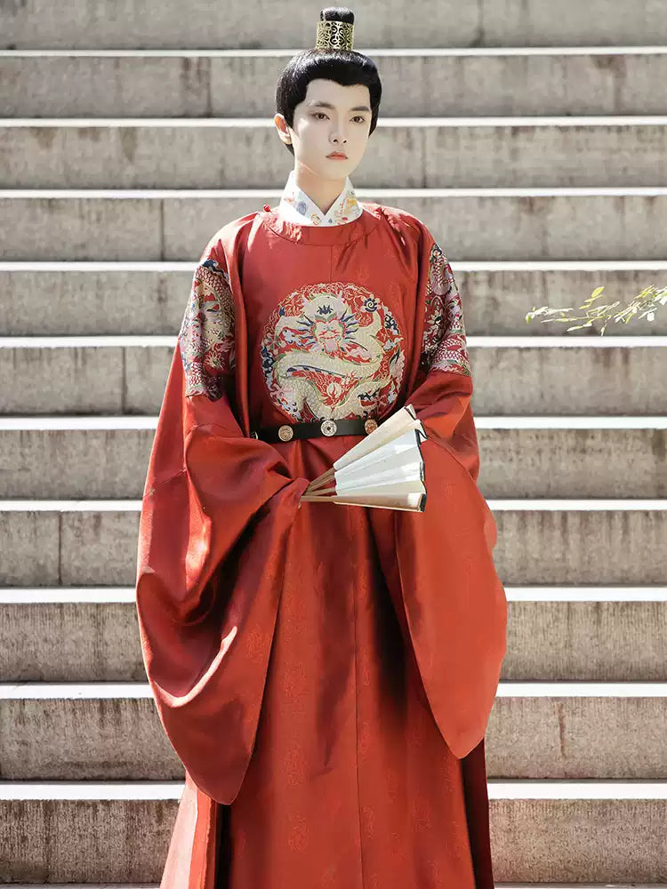 Red Dragon Embroidered Hanfu Robe - Chinese Traditional Costume for Men