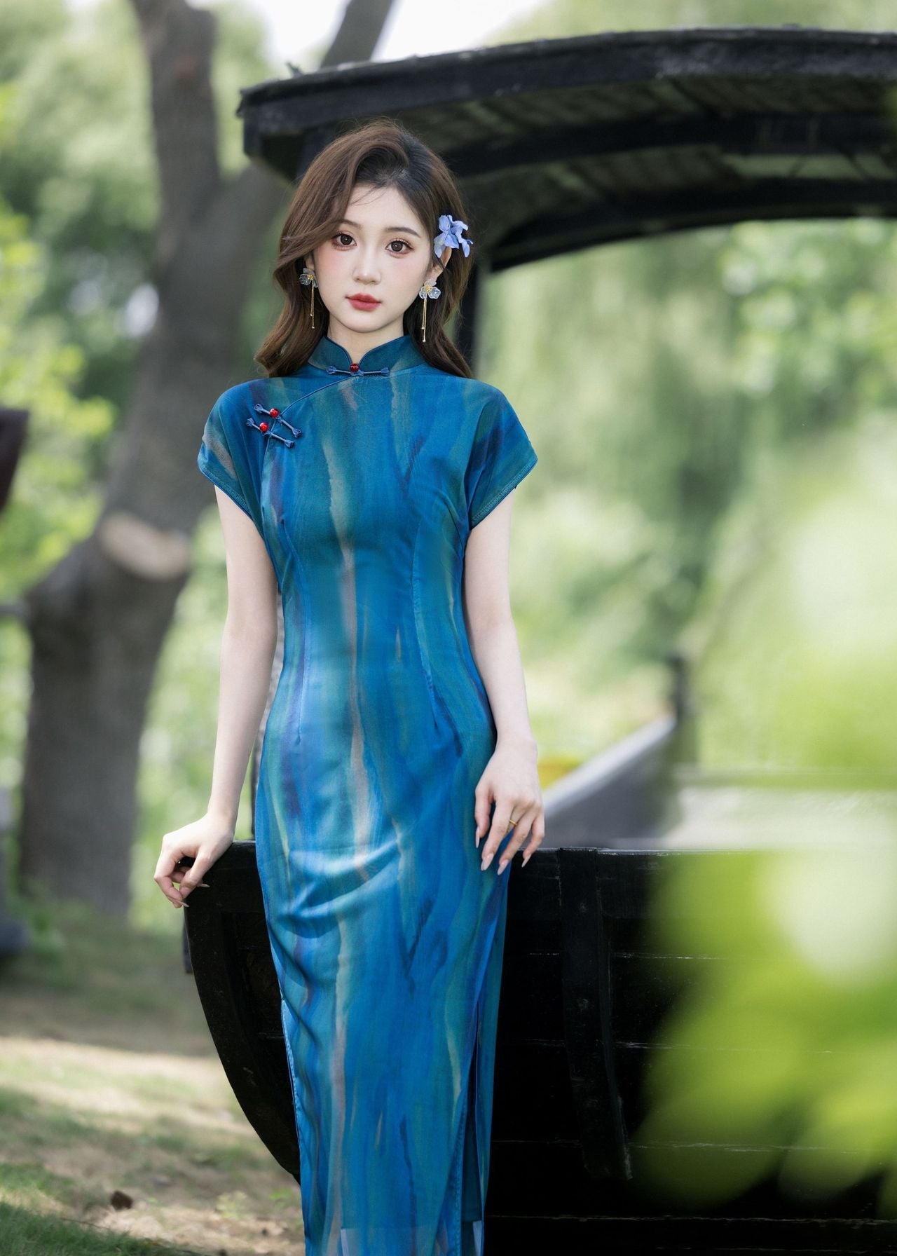 qipao dress short Blue Vintage Short-Sleeve Qipao Dress