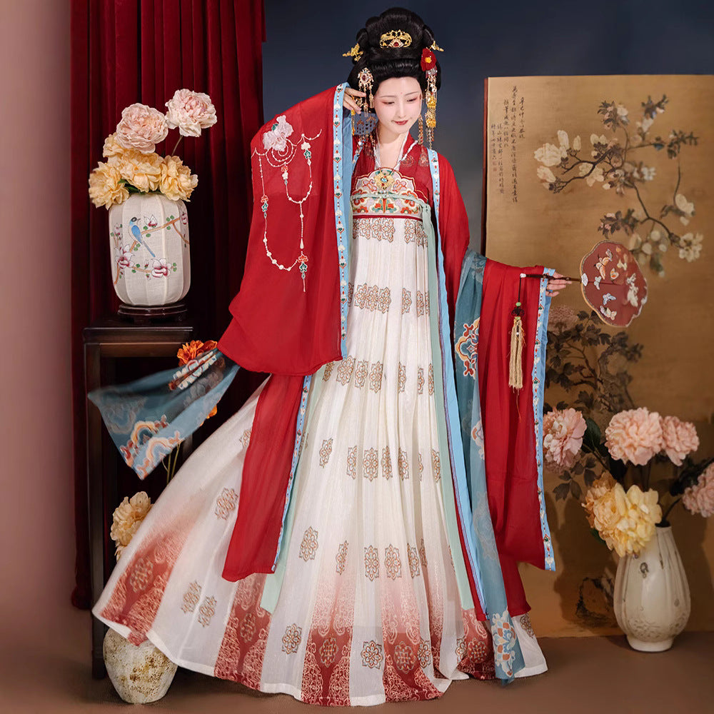 Elegant Embroidered Red Hanfu Dress – Traditional Tang Dynasty Style with Flowing Sleeves