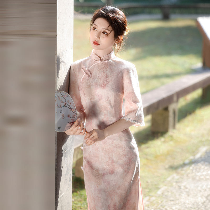 Elegant Pink Floral Cheongsam Dress – Traditional Chinese Qipao with Lace Sleeves