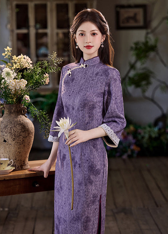 Purple Vintage Jacquard Qipao | Slim Mandarin Maxi
