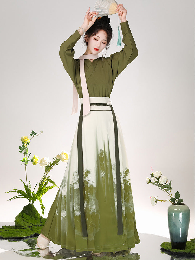 Traditional Chinese Hanfu Dress in Olive Green with Hand-Painted Floral Design