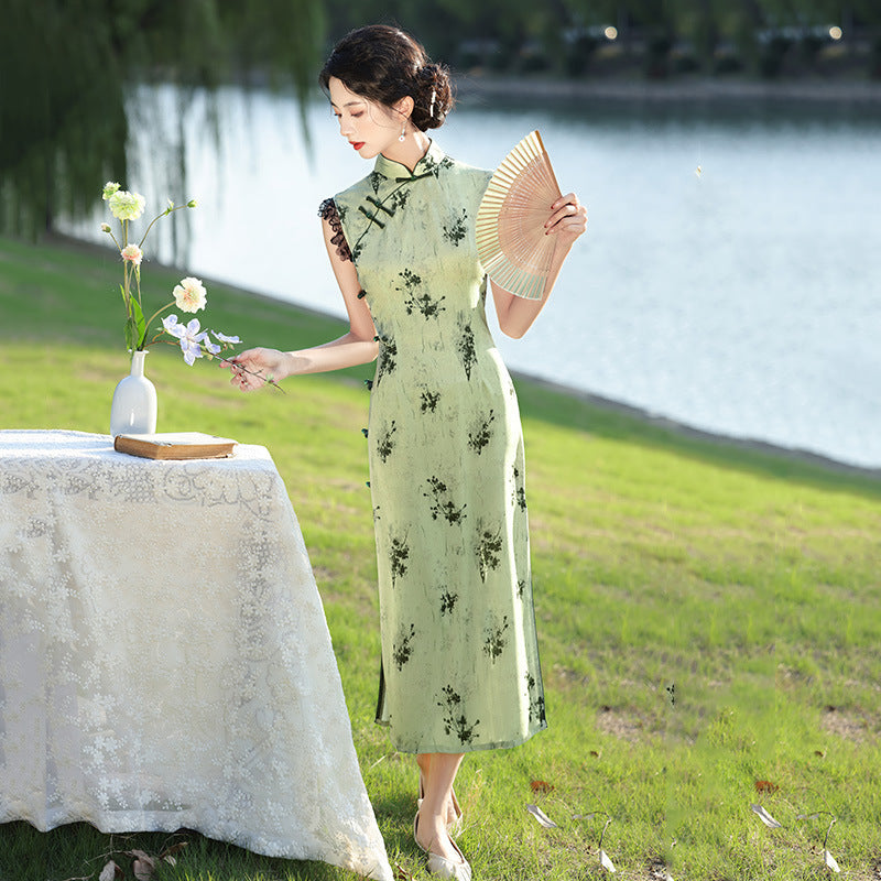 Elegant Vintage Sleeveless Cheongsam Dress – Floral Print Hanfu Qipao Gown