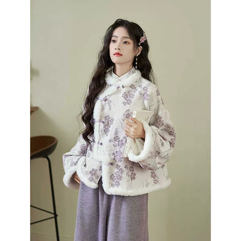 Floral Faux Fur Hanfu Winter Jacket – Elegant Traditional Style Outerwear