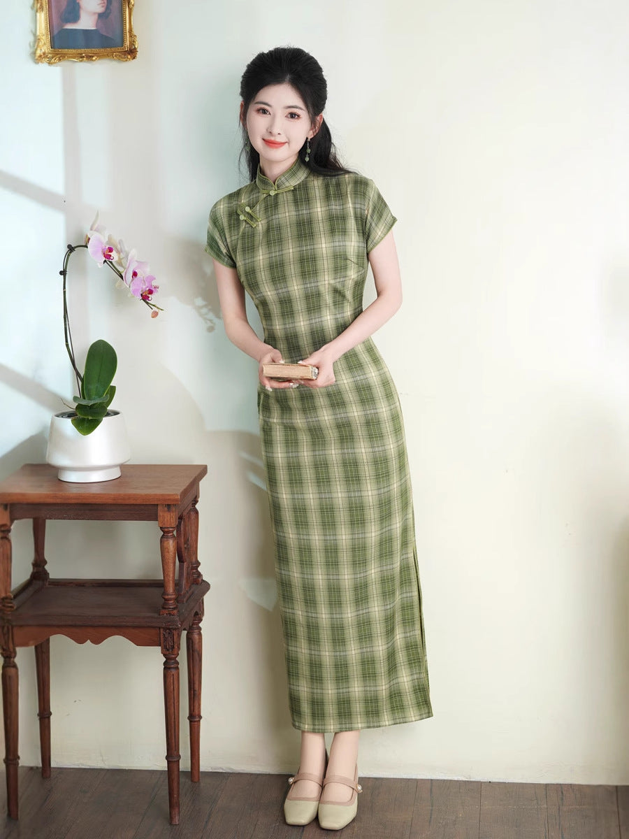 Spring TR Plaid Qipao Maxi Dress | Slim Vintage Chic